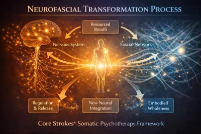 Neurofascial Transformation Process™ diagram illustrating how breath, nervous system regulation, and fascial reorganization support embodied integration in the Core Strokes® framework.