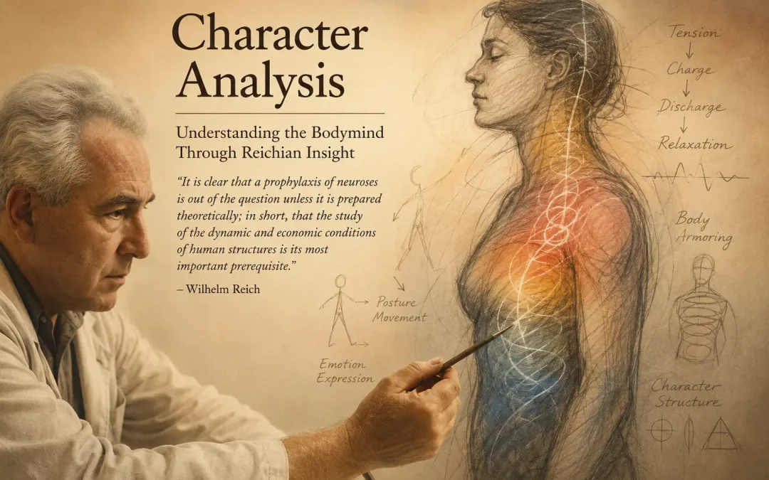 Illustration of Wilhelm Reich and character analysis showing the relationship between body posture, emotional expression, muscular armoring, breath, and character structure in somatic psychotherapy.