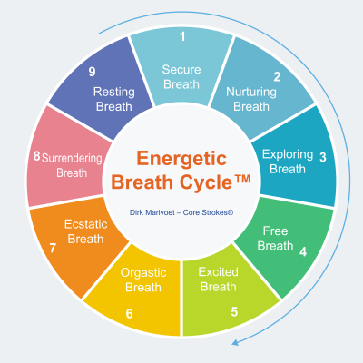 Energetic Breath Cycle diagram showing nine phases of breathing and emotional regulation in somatic psychotherapy.