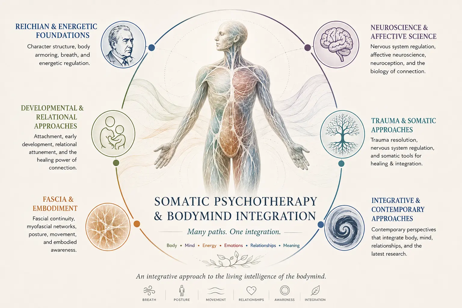 Diagram illustrating the major lineages and integrative fields influencing somatic psychotherapy and Bodymind Integration, including Reichian psychotherapy, trauma therapy, developmental psychology, fascia research, neuroscience, and embodied relational approaches.